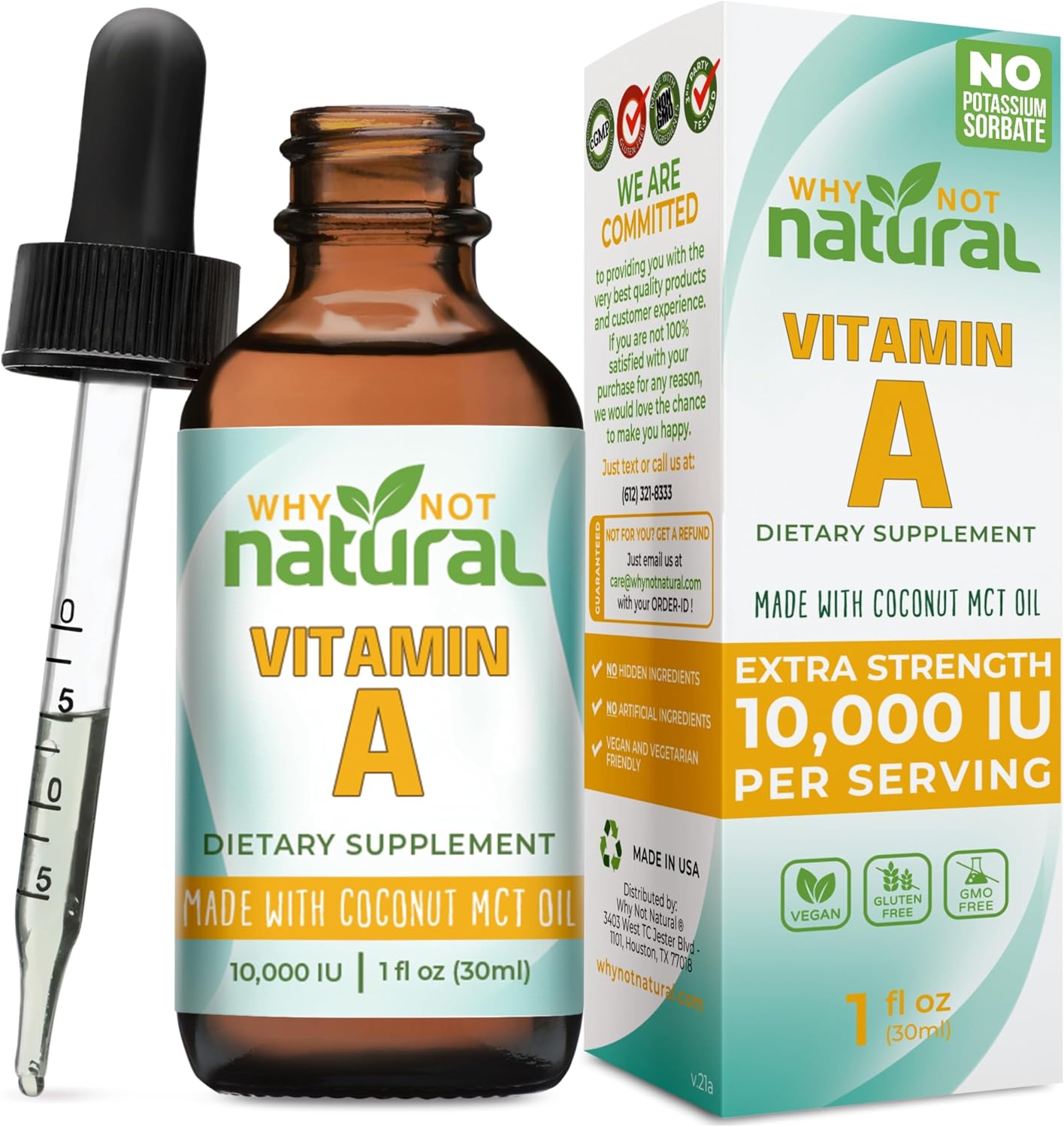 Why Not Natural Vitamina A Líquida 10000 UI - Retinilo Palmitato con Aceite MCT de Coco - Suplemento Vegano para la Piel - 30 ml