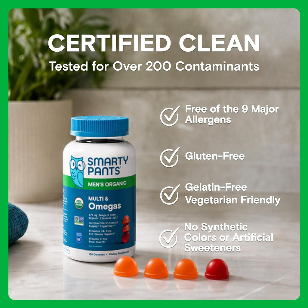 SmartyPants Multivitamínico para Hombres, Gominolas Orgánicas: Metilfolato, Omega 3 (ALA), Vitamina D3, C, B12, B6, A, K y Zinc, 120 Gominolas (30 Días)