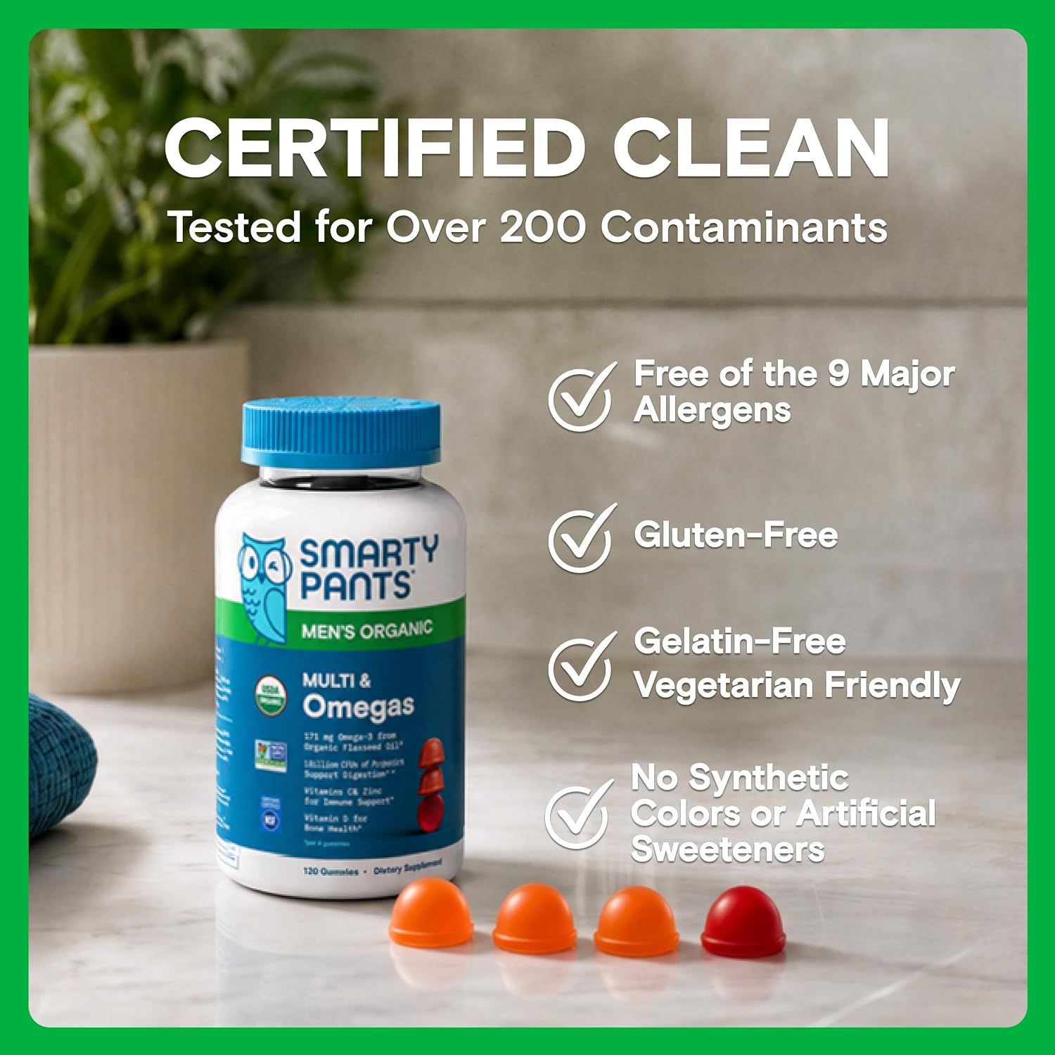 SmartyPants Multivitamínico para Hombres, Gominolas Orgánicas: Metilfolato, Omega 3 (ALA), Vitamina D3, C, B12, B6, A, K y Zinc, 120 Gominolas (30 Días)
