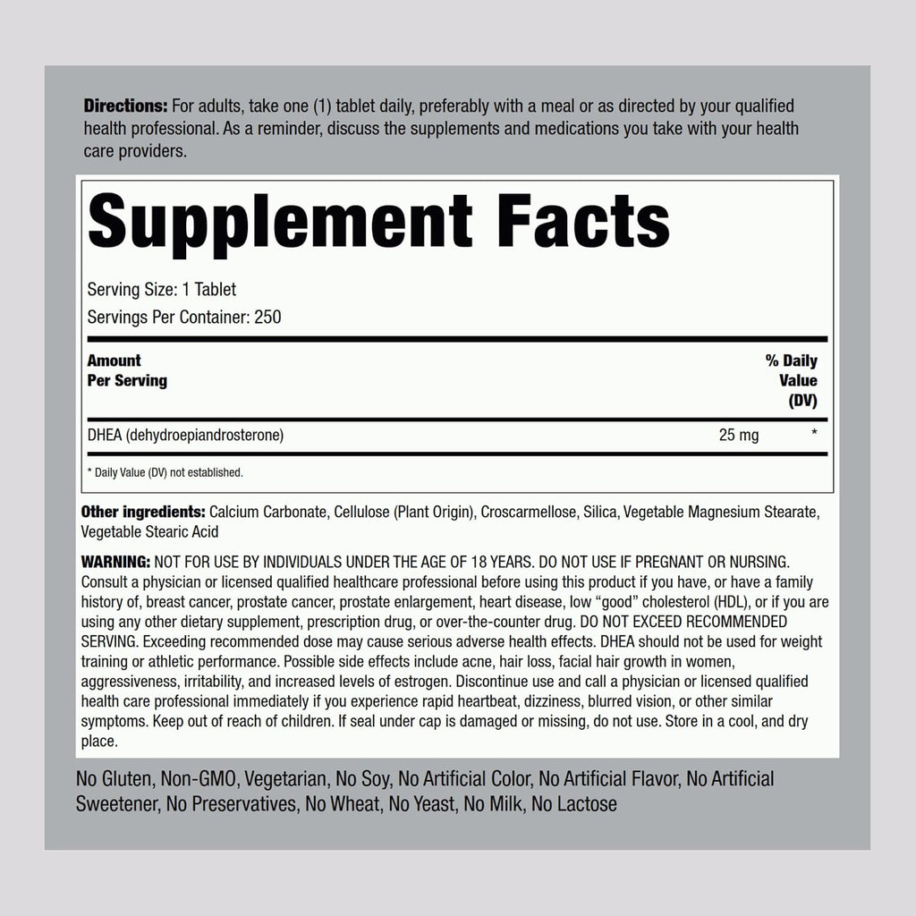 Piping Rock DHEA 25mg | 250 Comprimidos para Mujeres y Hombres | Suplemento de Dehidroepiandrosterona | No Transgénico, Sin Gluten