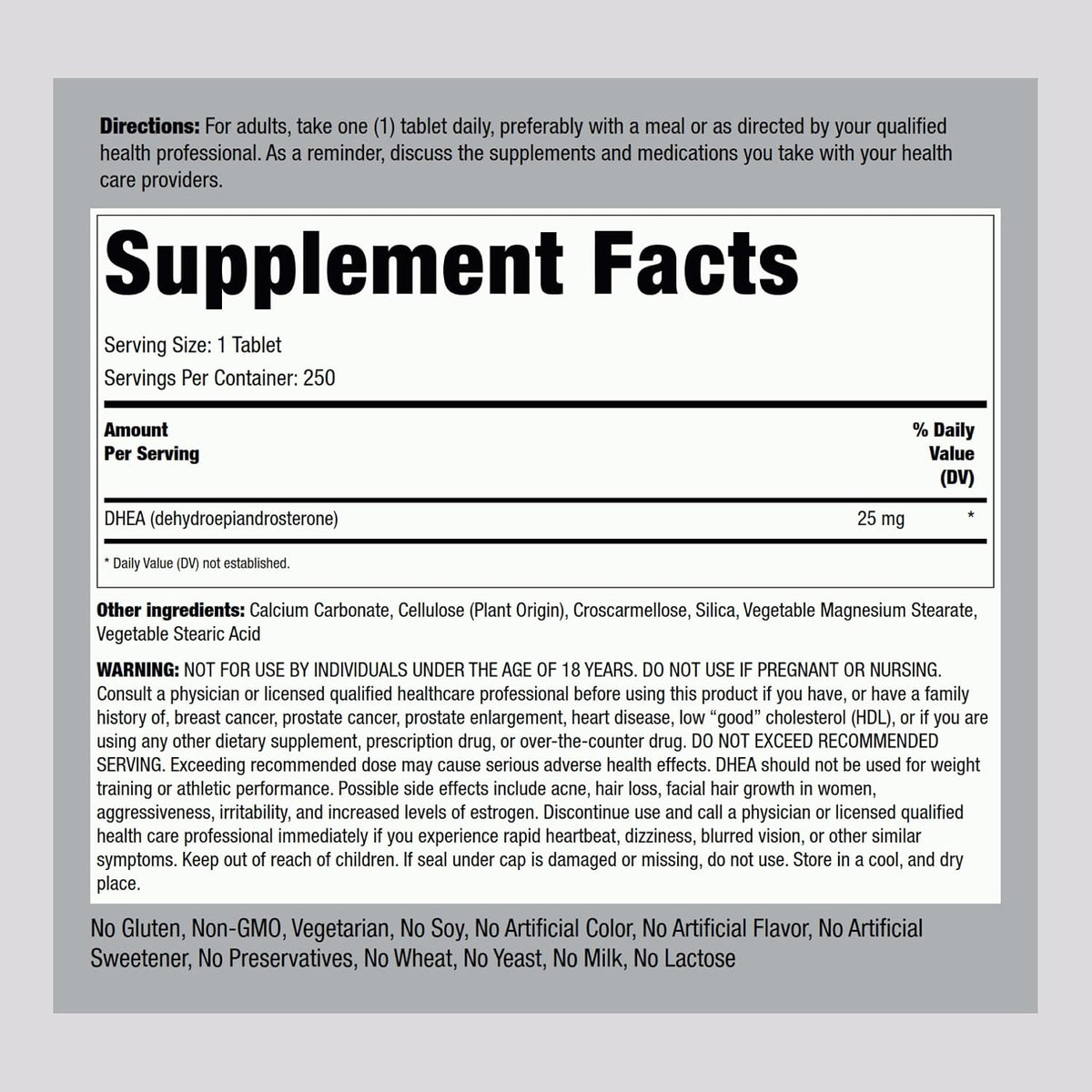 Piping Rock DHEA 25mg | 250 Comprimidos para Mujeres y Hombres | Suplemento de Dehidroepiandrosterona | No Transgénico, Sin Gluten - görsel 2