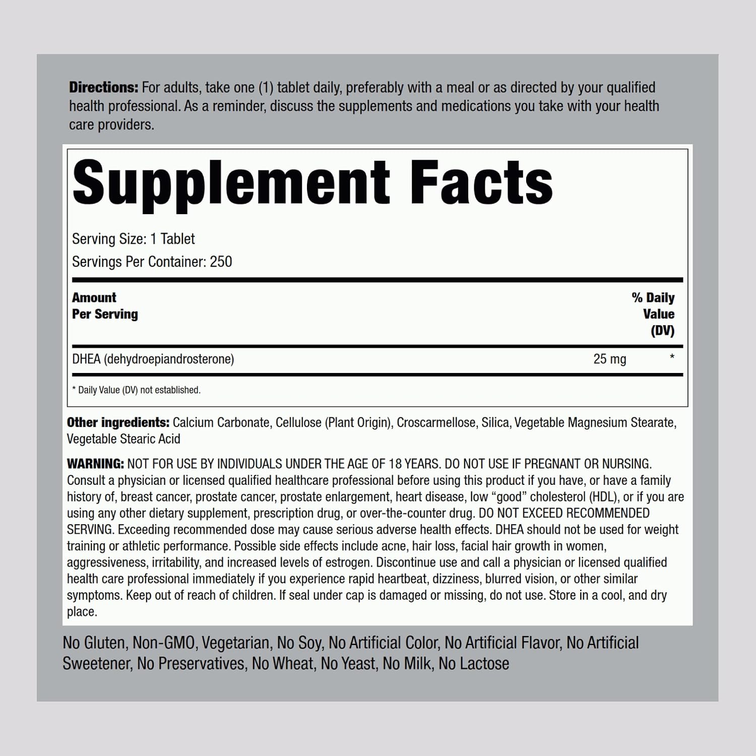 Piping Rock DHEA 25mg | 250 Comprimidos para Mujeres y Hombres | Suplemento de Dehidroepiandrosterona | No Transgénico, Sin Gluten