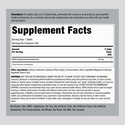 Piping Rock DHEA 25mg | 250 Comprimidos para Mujeres y Hombres | Suplemento de Dehidroepiandrosterona | No Transgénico, Sin Gluten