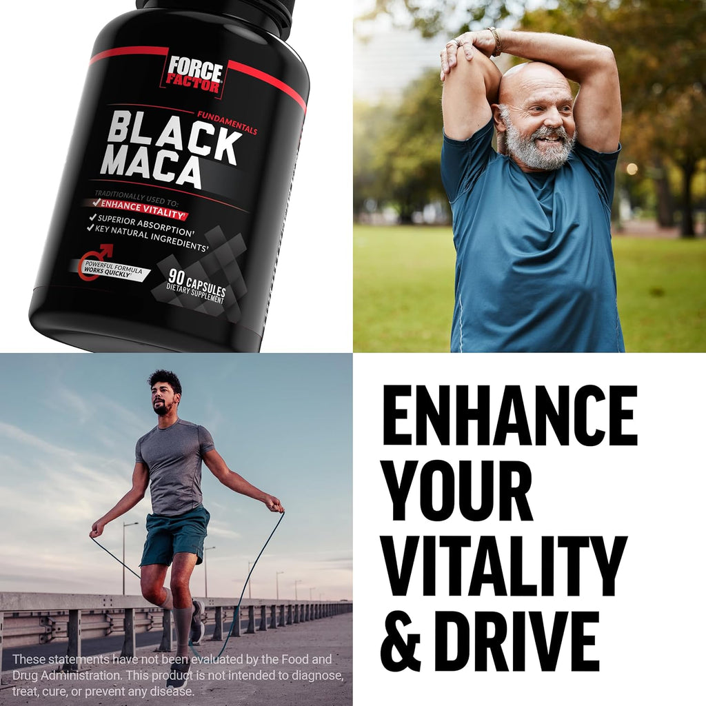 Force Factor Black Maca Root - Suplemento de Maca Negra para Hombres, 1000mg con BioPerine, 90 Cápsulas