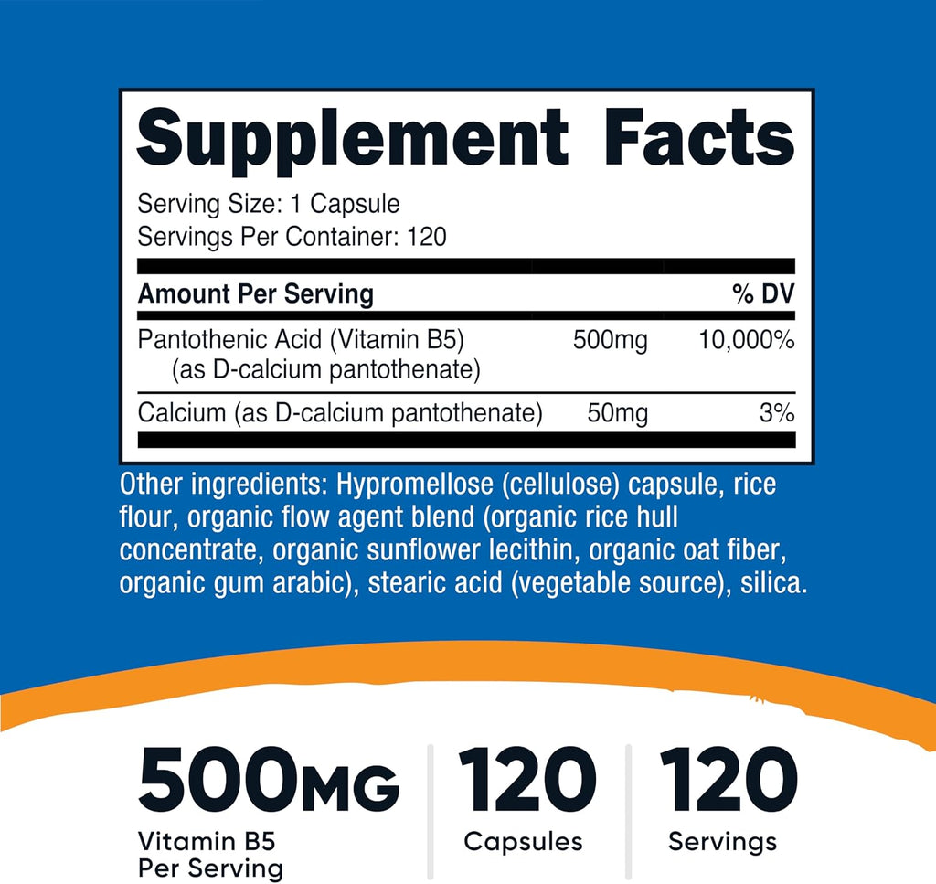 Nutricost Ácido Pantoténico (Vitamina B5) 500mg, 120 Cápsulas