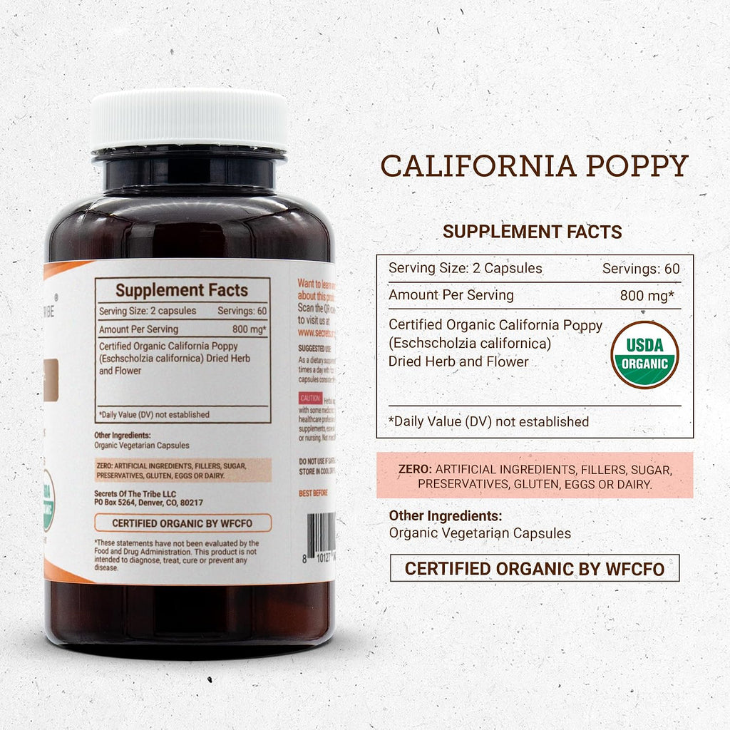 Secrets of the Tribe California Poppy USDA Organic | Made with Vegetarian Capsules and Certified Organic California Poppy (Eschscholzia Californica) Dried Herb and Flower (120 Capsules)