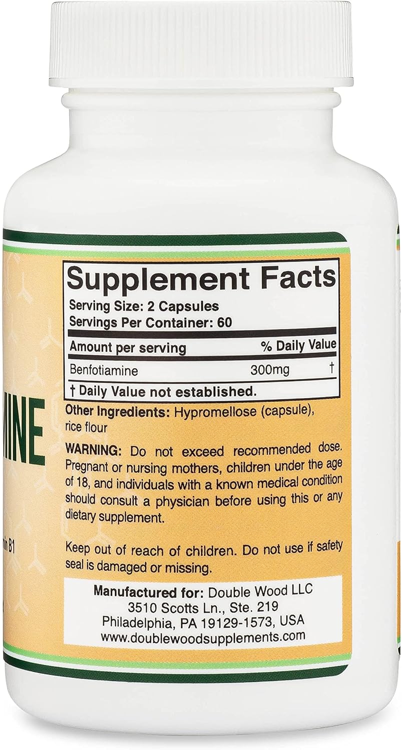 Benfotiamina 300mg por dosis (120 cápsulas, 150mg por cápsula) - No Transgénico, Sin Gluten, Vegano - Double Wood