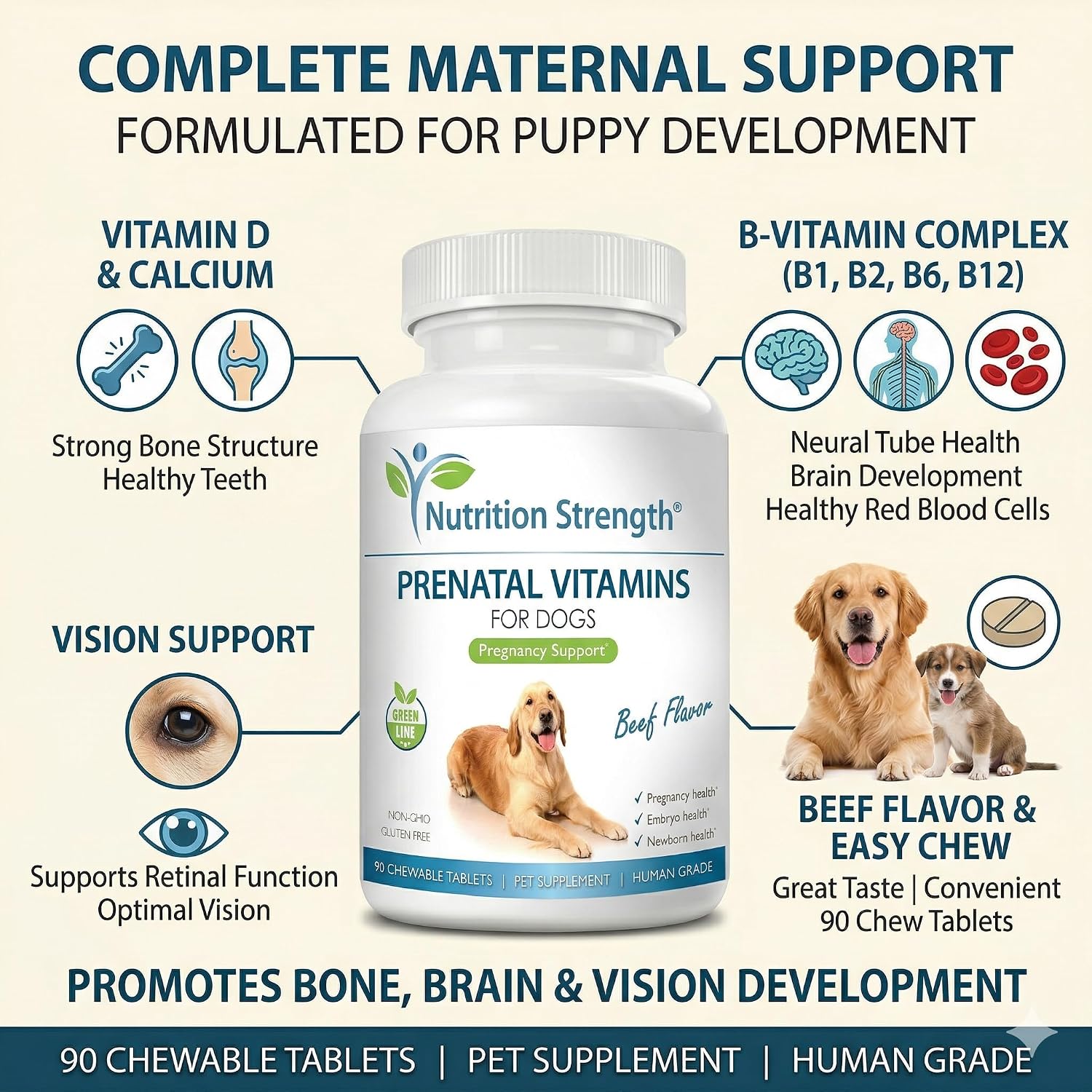 Nutrition Strength Vitaminas Prenatales para Perros - 90 Comprimidos Masticables
