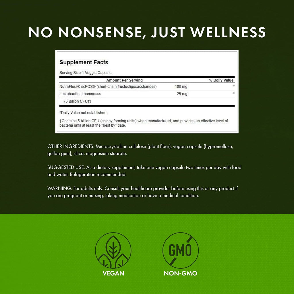 Swanson Lactobacillus Rhamnosus con FOS - 5 mil millones UFC - 60 Cápsulas Veganas