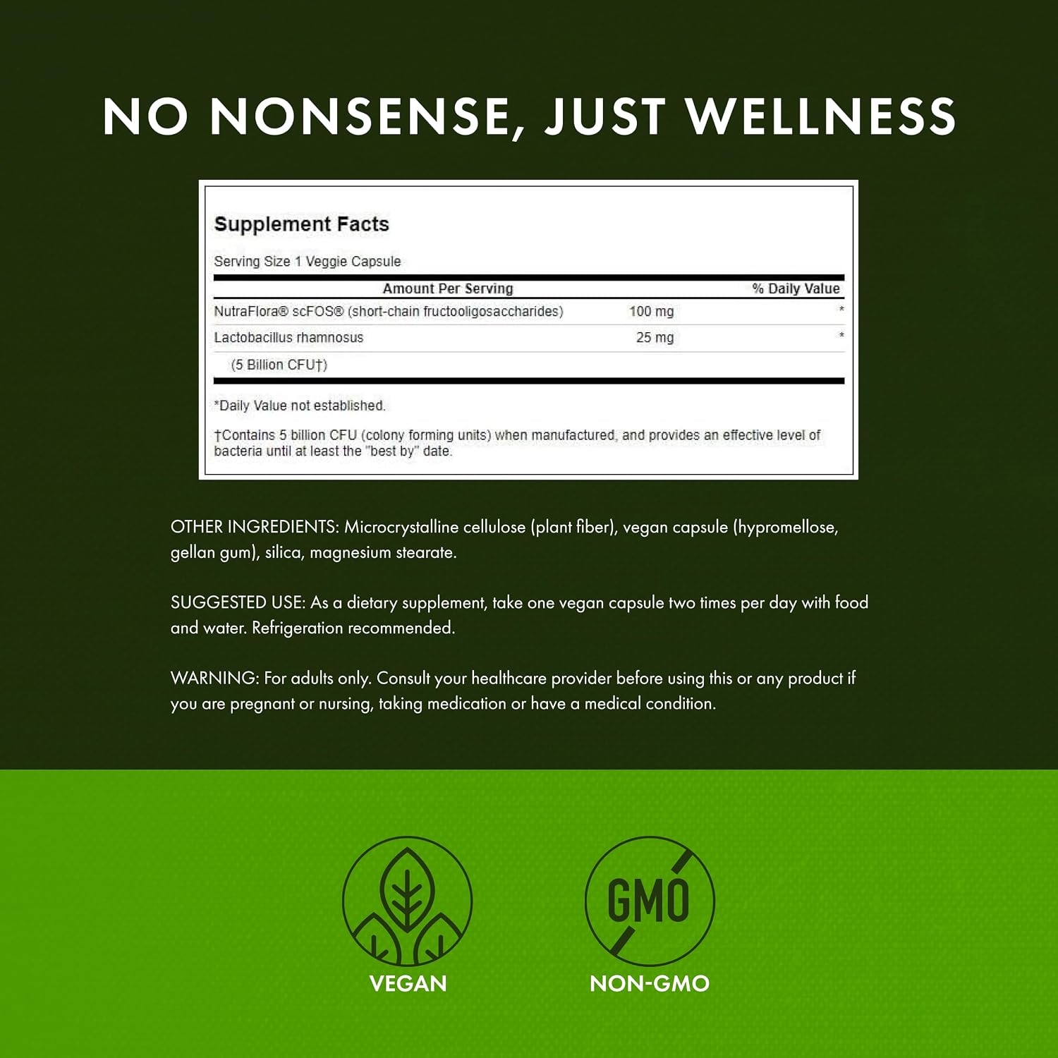 Swanson Lactobacillus Rhamnosus con FOS - 5 mil millones UFC - 60 Cápsulas Veganas