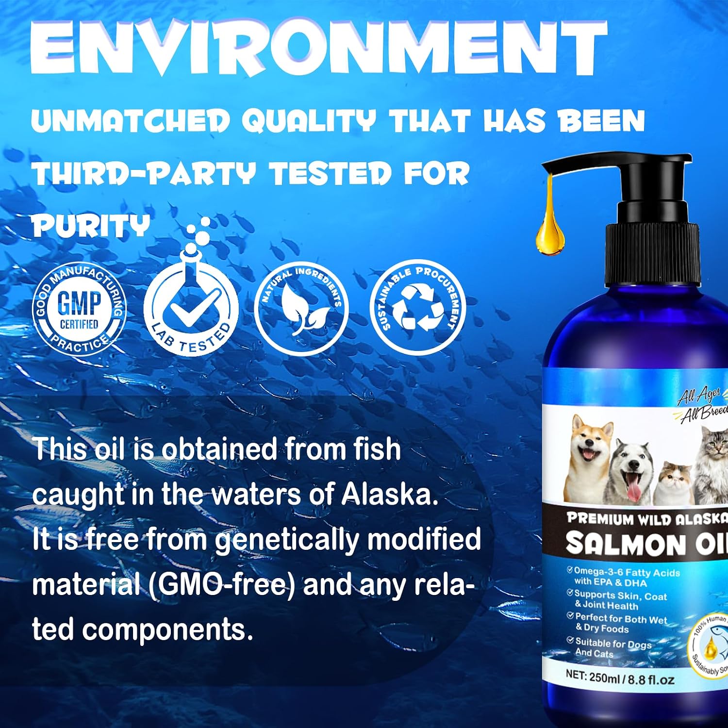 Aceite de Salmón de Alaska para Perros y Gatos (250 ml) - Omega 3 Puro con EPA y DHA
