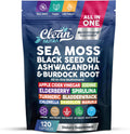 Clean Nutraceuticals Sea Moss Black Seed Oil Ashwagandha Turmeric Bladderwrack Burdock con Vitamina C y D3, 120 cápsulas