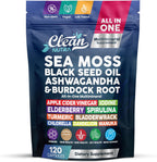 Clean Nutraceuticals Sea Moss Black Seed Oil Ashwagandha Turmeric Bladderwrack Burdock con Vitamina C y D3, 120 cápsulas