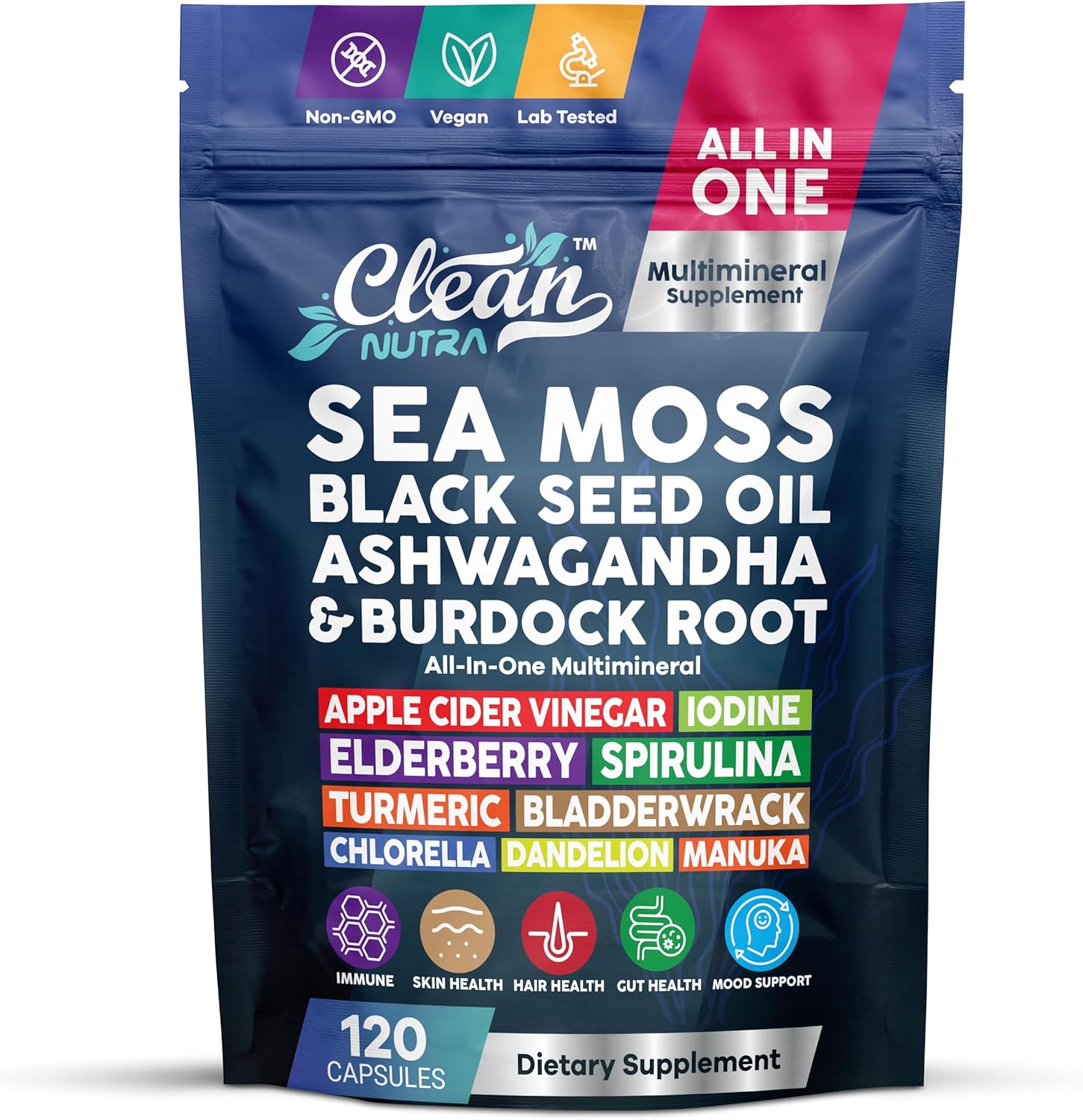Clean Nutraceuticals Sea Moss Black Seed Oil Ashwagandha Turmeric Bladderwrack Burdock con Vitamina C y D3, 120 cápsulas