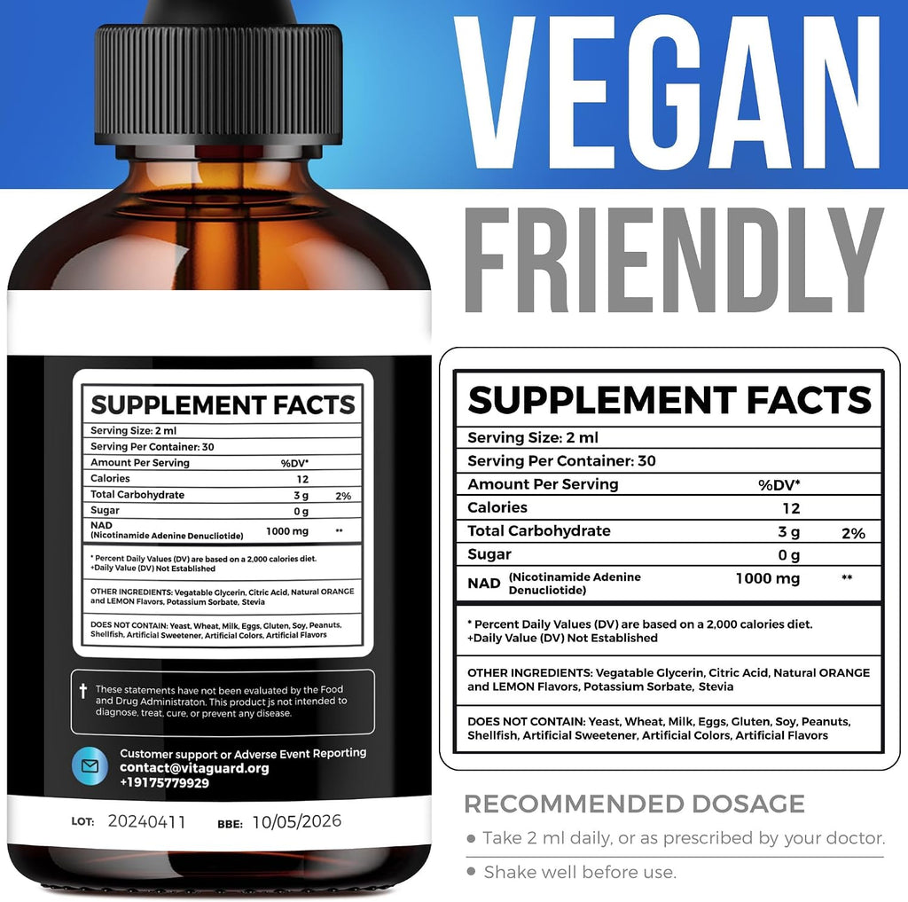Vita Guard Pure NAD+ Líquido Gotas 1000mg - Fórmula de Nicotinamida - Vegano y No OGM - Sabor Natural a Limón y Naranja