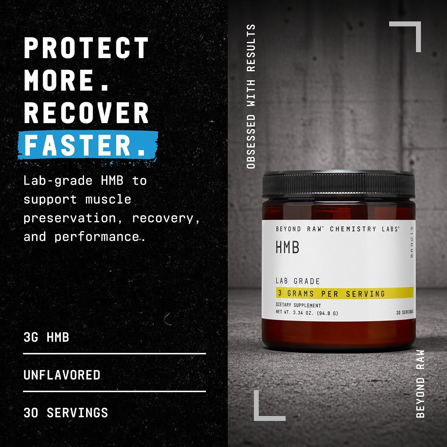 BEYOND RAW Chemistry Labs HMB Powder - Polvo de HMB para Rendimiento y Recuperación, 30 Servicios