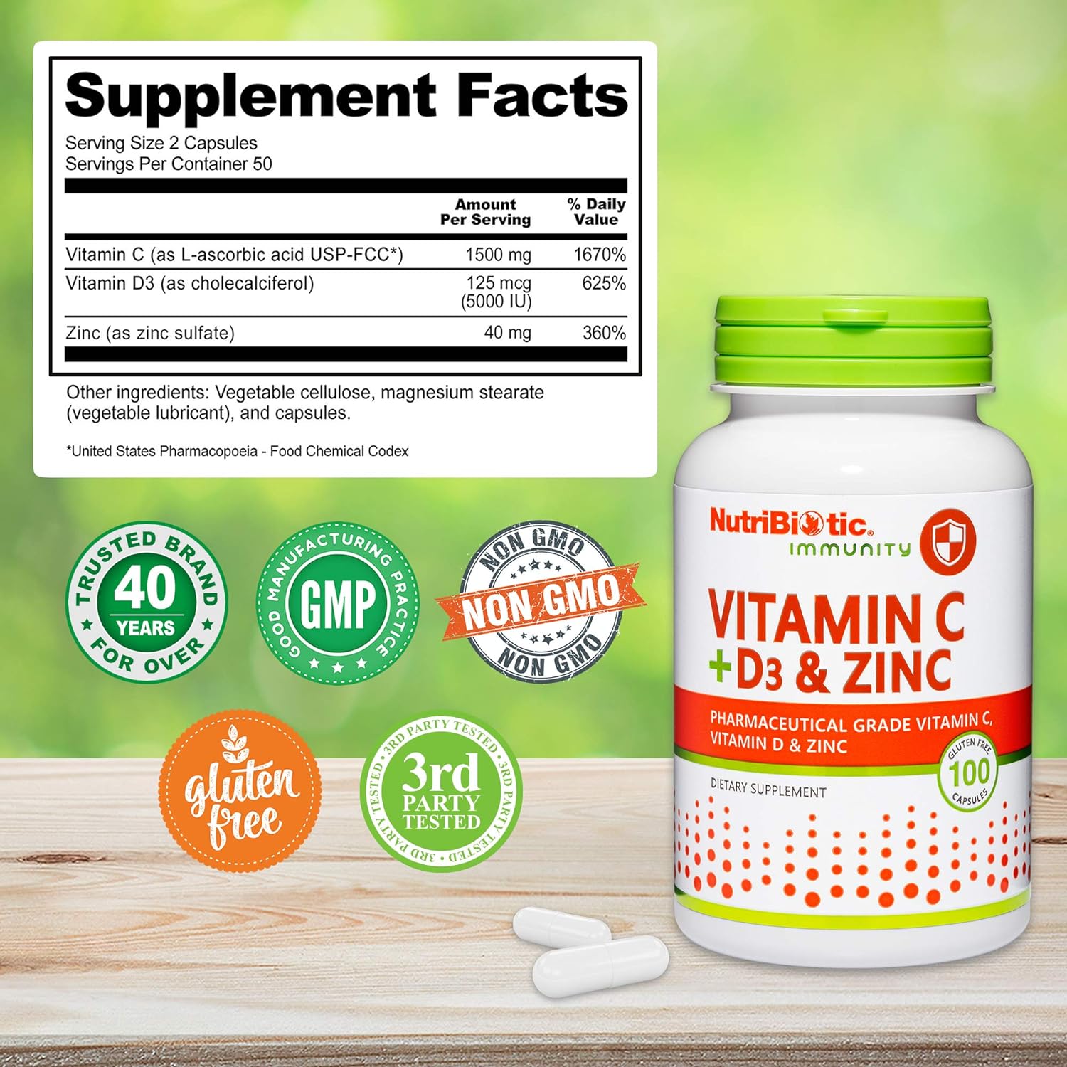 NutriBiotic – Vitamina C + Vitamina D3 y Zinc, 100 Cápsulas | Apoyo Inmunitario Potente