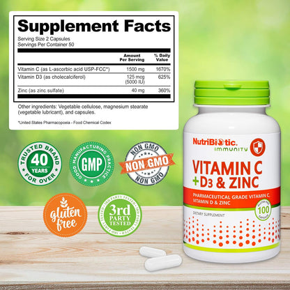 NutriBiotic – Vitamina C + Vitamina D3 y Zinc, 100 Cápsulas | Apoyo Inmunitario Potente – Image 3