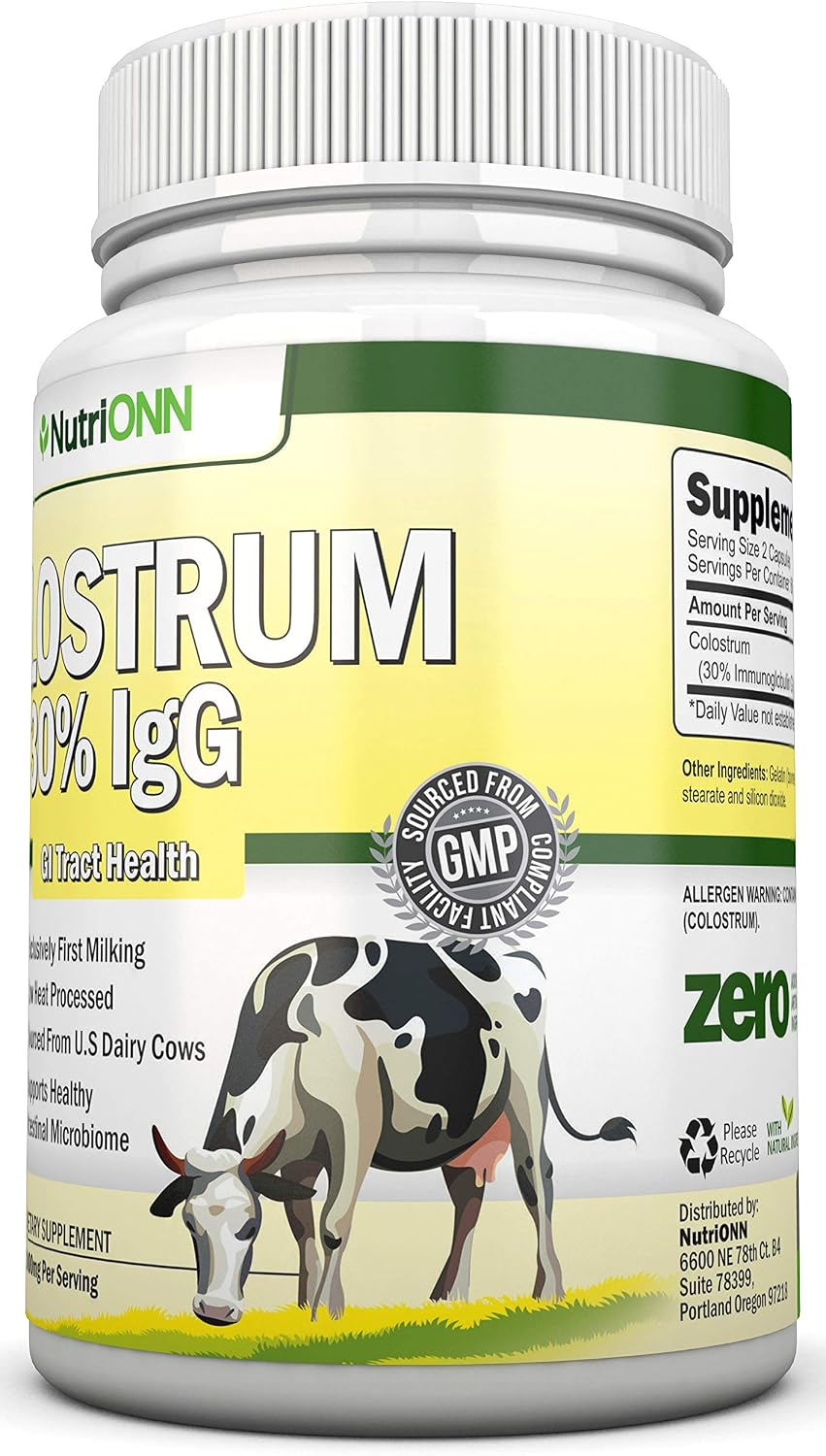 NutriONN Calostro - 1000mg - 120 Cápsulas - 30% IgG - Lácteo no OGM de EE.UU. - Primer Ordeño - Procesado a Baja Temperatura - Salud GI - Apoyo Inmune - Salud Ósea y Muscular