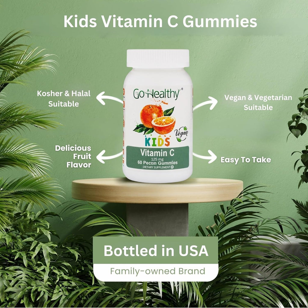 Go Healthy Kids Vitamin C Gummies – Gominolas de Vitamina C para Niños, Sabor Naranja, Veganas, Sin Gelatina, 60 unidades