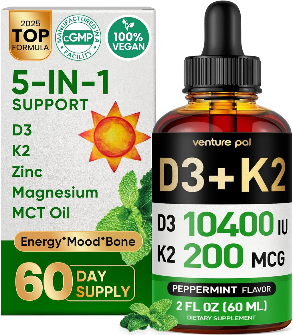 Venture Pal 5 en 1 Vitamina D3 K2 Gotas - 10000 UI D3 + 200 mcg K2 (MK-7) con Magnesio, Zinc y Aceite MCT - 60 ml