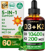 Venture Pal 5 en 1 Vitamina D3 K2 Gotas - 10000 UI D3 + 200 mcg K2 (MK-7) con Magnesio, Zinc y Aceite MCT - 60 ml