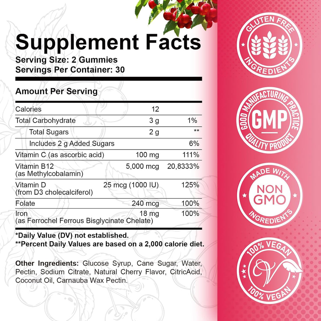 ReviNutra Gomitas de Vitamina B12 - 5000 mcg de Metilcobalamina con Hierro, Vitamina C, D3 y Folato - 60 Gomitas Veganas