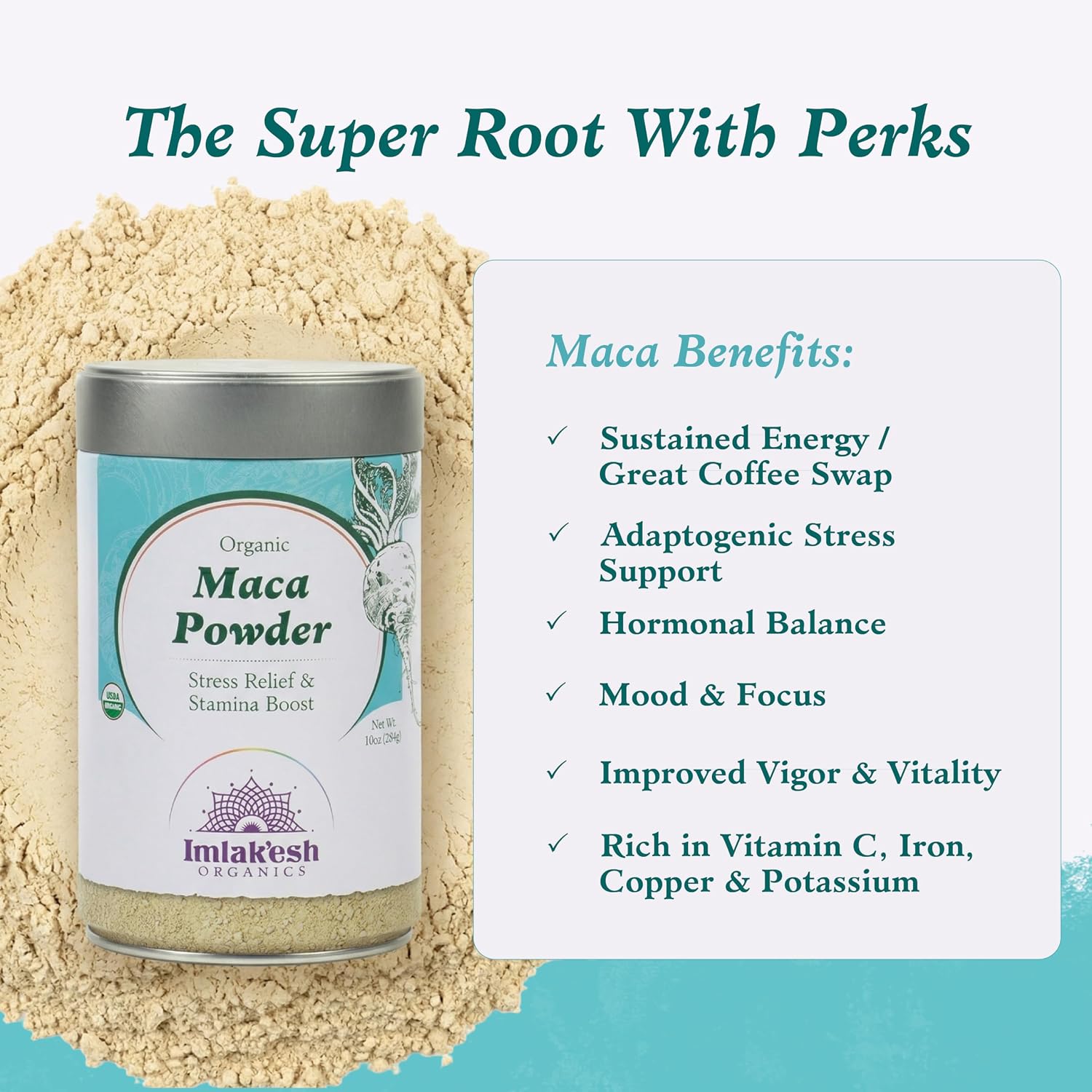 Imlak'esh Organics Maca en polvo orgánica (Bote Metálico de 283g)