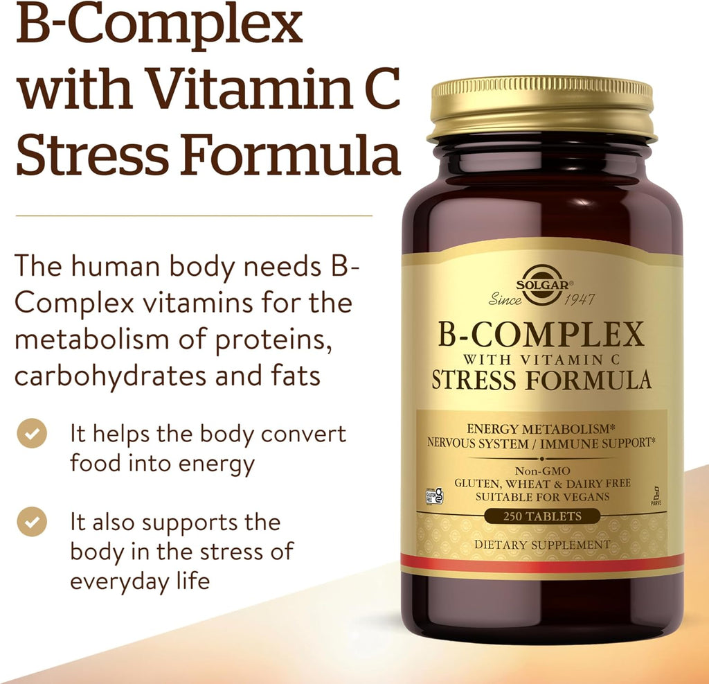 Solgar Complejo B con Vitamina C, Fórmula Anti-Estrés, 250 Comprimidos