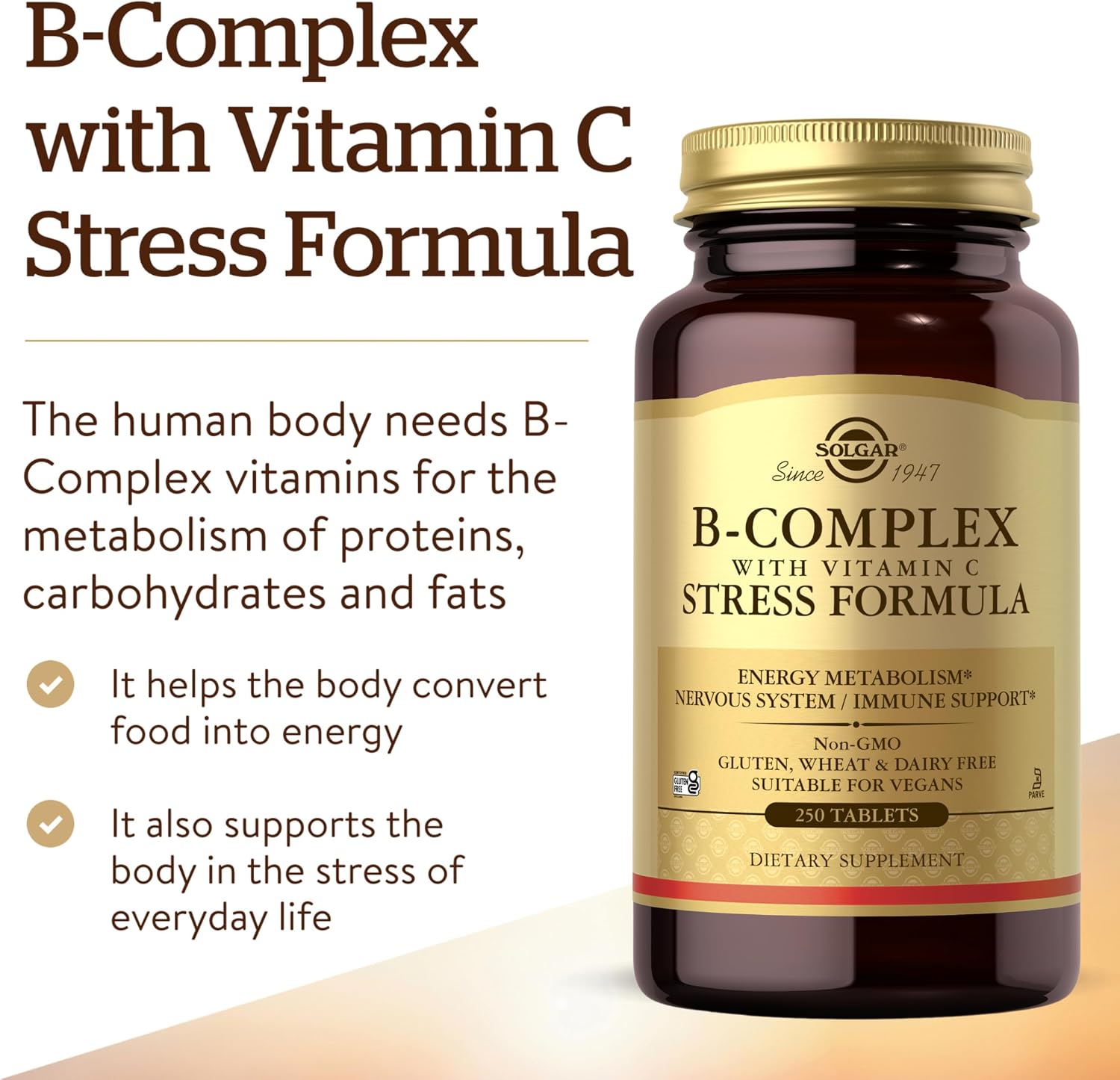 Solgar Complejo B con Vitamina C, Fórmula Anti-Estrés, 250 Comprimidos