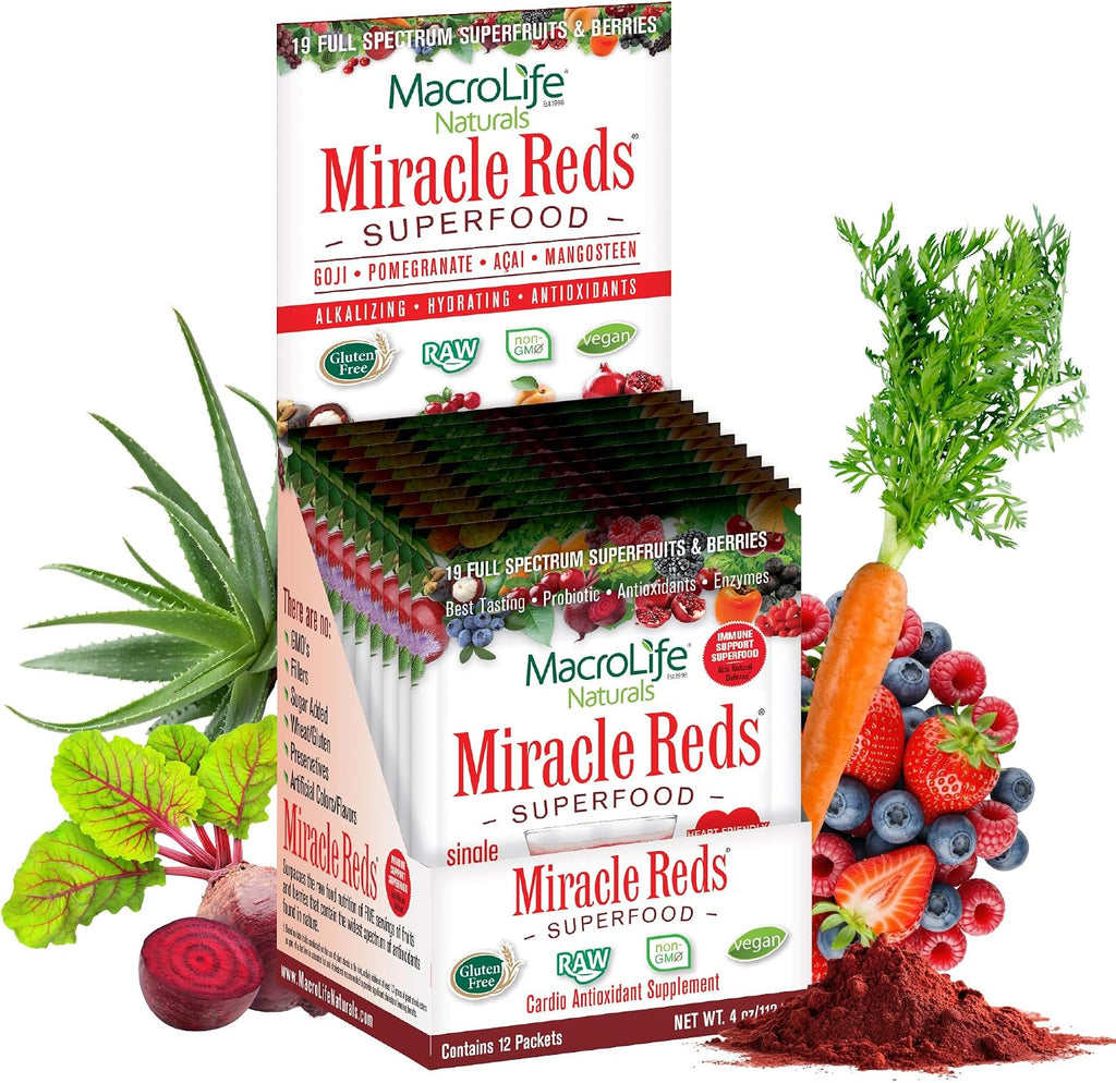 MacroLife Naturals Miracle Reds Superfood Powder - 19 Superfrutas, Probióticos y Enzimas - 12 Sobres