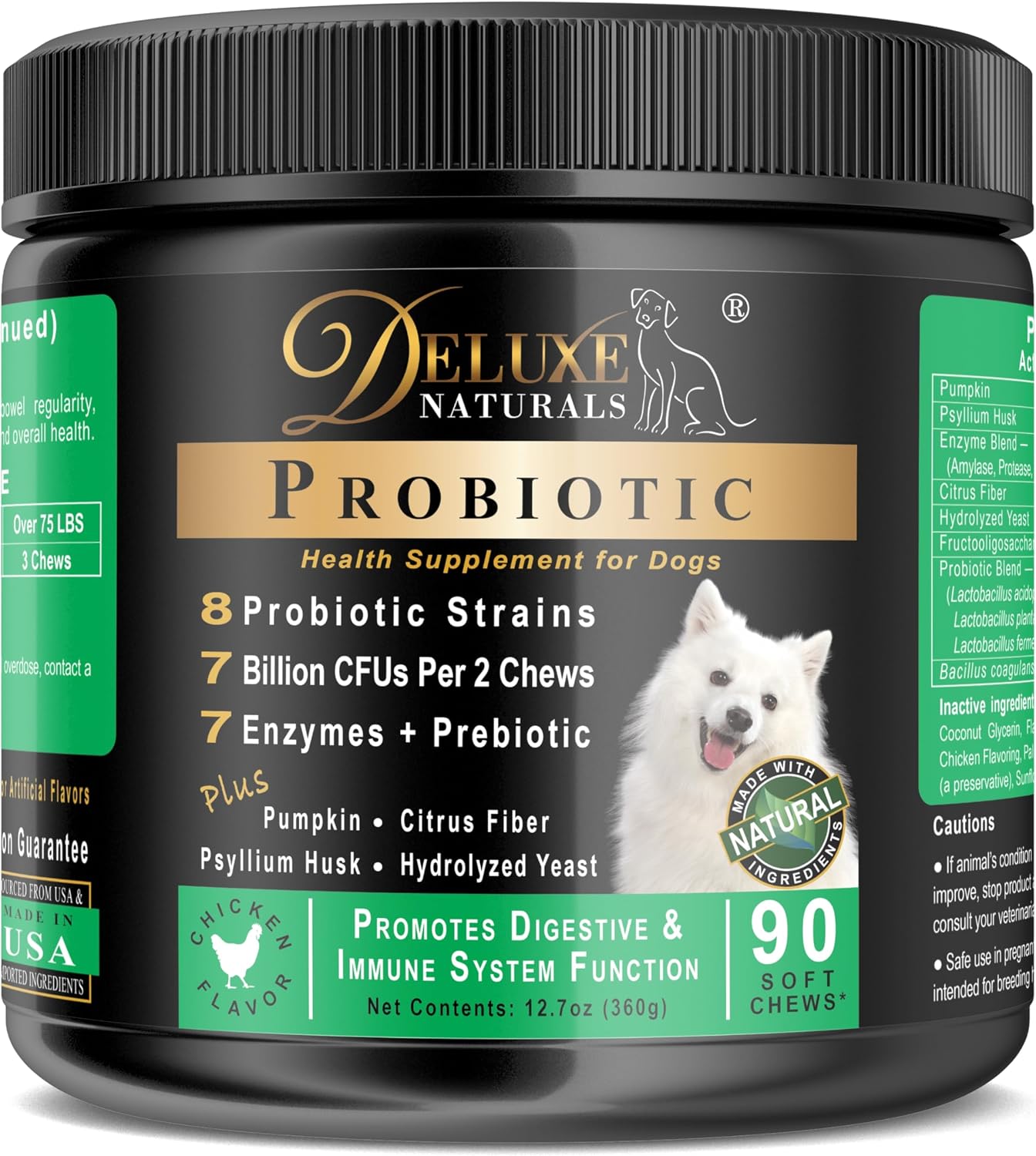Deluxe Naturals Probiotic Soft Chews for Dogs – 360 masticables (4 x 90ct) – Apoyo Digestivo e Inmunitario con 9 Probióticos, 8 Enzimas, 2 Prebióticos y 5 Nutrientes Esenciales – Sabor a Pollo