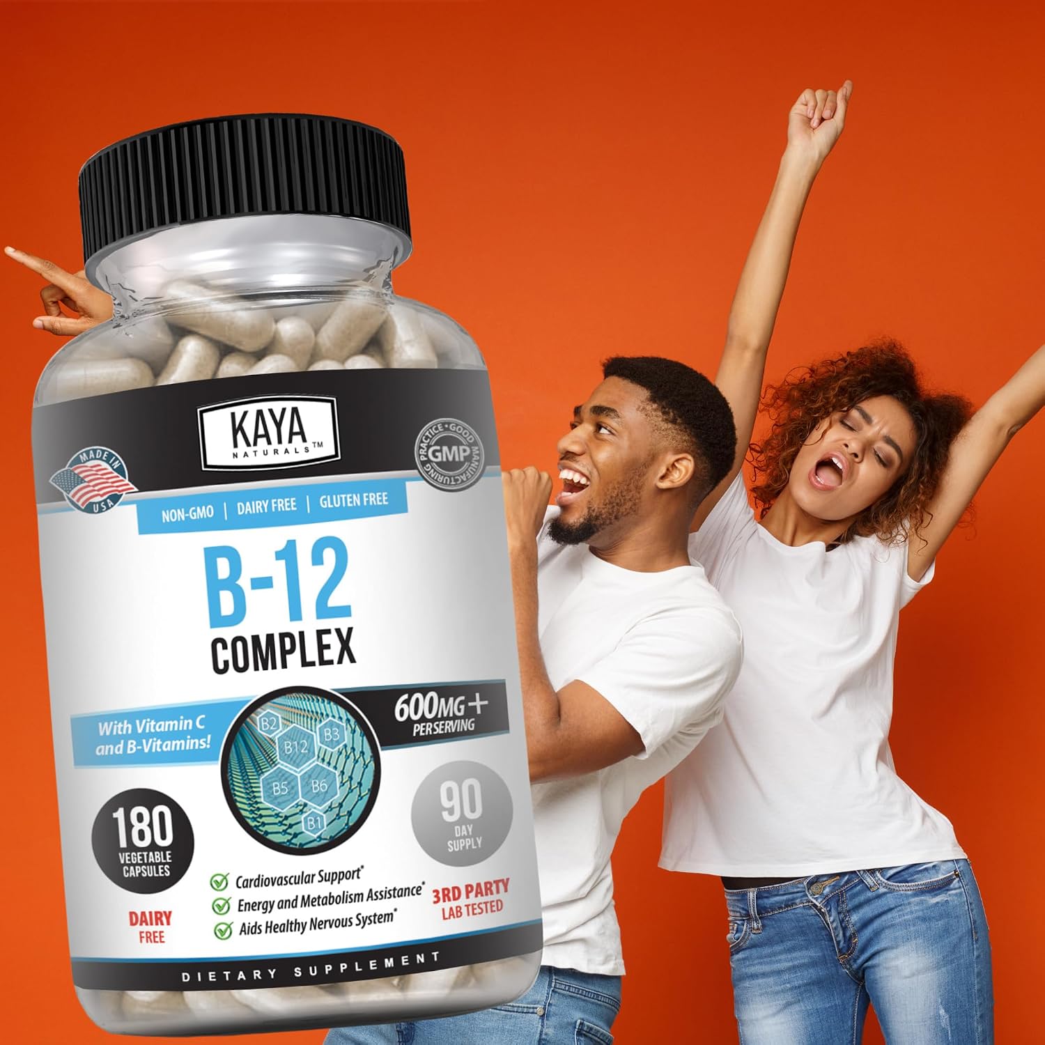 Kaya Naturals B-12 Complex | Multivitamínico para Mujeres y Hombres con Biotina, Colina, Inositol, Folato y Vitamina C - 180 Comprimidos