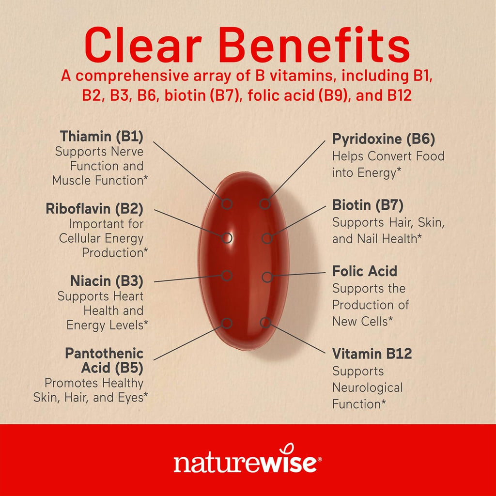 NatureWise Complejo de Vitamina B para Hombres y Mujeres - con Ácido Fólico, Biotina, B1, B2, B3, B6, B12 - Apoyo a la Energía Celular y Claridad Mental - Sin Gluten y Sin Lácteos - 360 Cápsulas Blandas