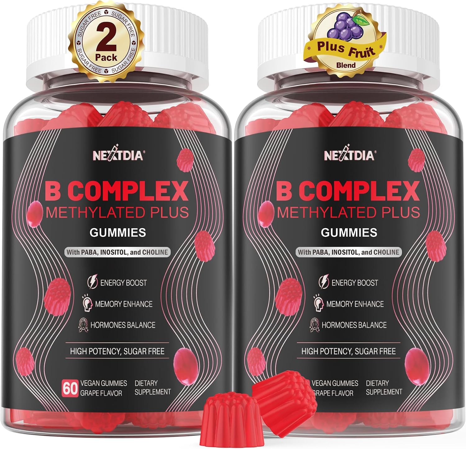 Nextdia Brain & Mood Support Gummies, Complejo B Super para Hombres y Mujeres, Todas las Vitaminas B1 B2 B3 B5 B6 B7 Folato MetilB12 con PABA, Inositol, Colina, Apoya el Gen MTHFR y la Energía, Vegano, 120 unidades