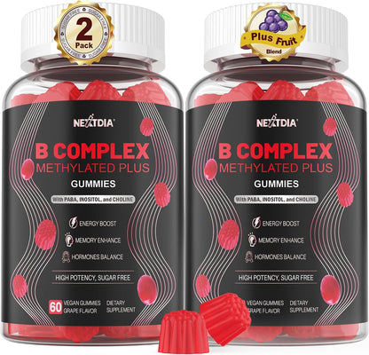 Nextdia Brain & Mood Support Gummies, Complejo B Super para Hombres y Mujeres, Todas las Vitaminas B1 B2 B3 B5 B6 B7 Folato MetilB12 con PABA, Inositol, Colina, Apoya el Gen MTHFR y la Energía, Vegano, 120 unidades