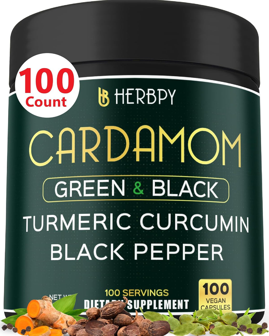 Herbpy Suplemento de Cardamomo 4en1 – Semillas de Cardamomo Verde y Negro con Cúrcuma y Pimienta Negra – Salud Digestiva – 100 Cápsulas Veganas
