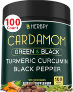 Herbpy Suplemento de Cardamomo 4en1 – Semillas de Cardamomo Verde y Negro con Cúrcuma y Pimienta Negra – Salud Digestiva – 100 Cápsulas Veganas