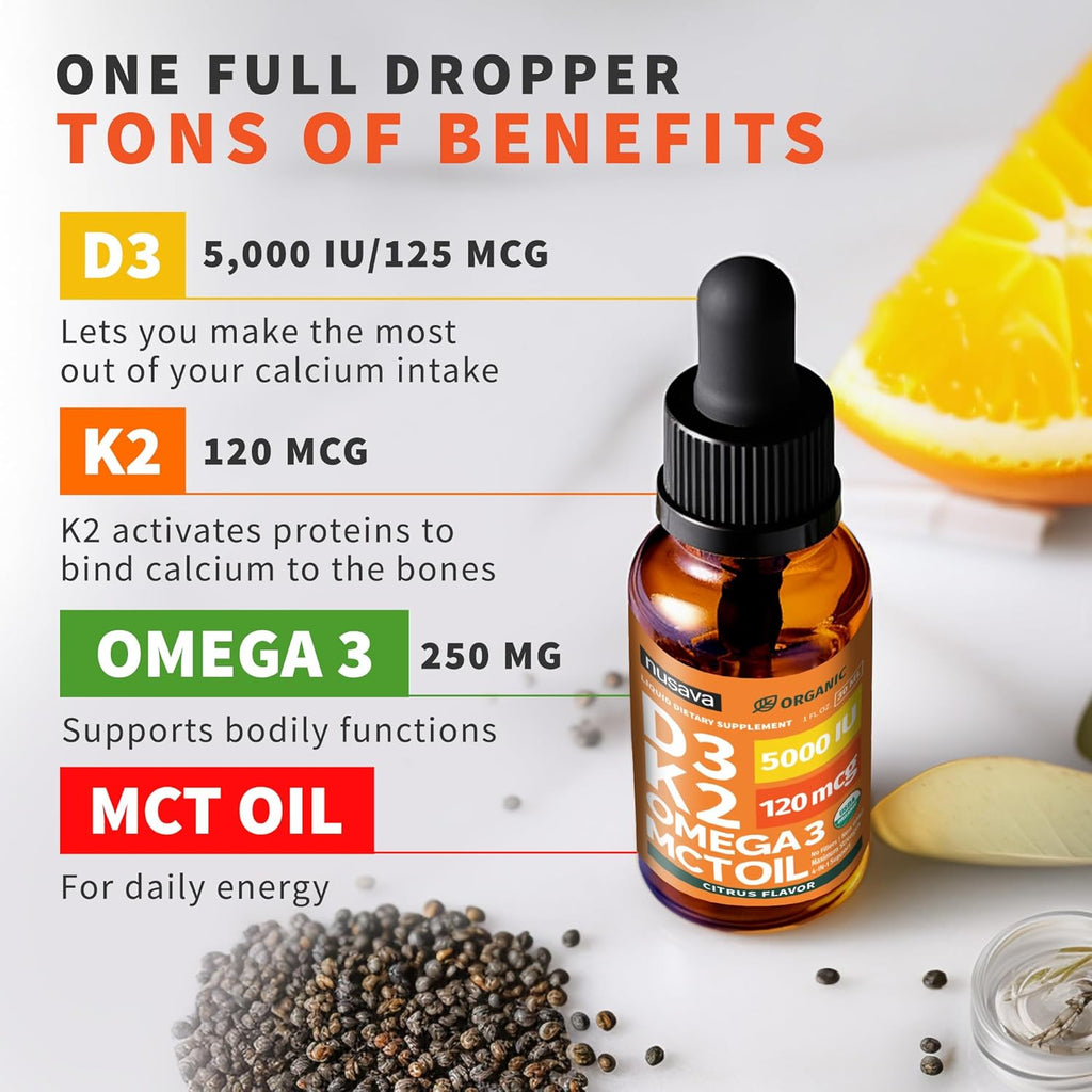 (2 Pack) Organic Vitamin D3 K2 Drops with MCT Oil & Omega 3 - Liquid Vitamin D3 5000 IU - K2 D3 Vitamin Supplement - Vitamin D Drops for Women & Men - No Fillers, Non-GMO, GMP, Citrus Flavor (2 Fl Oz)