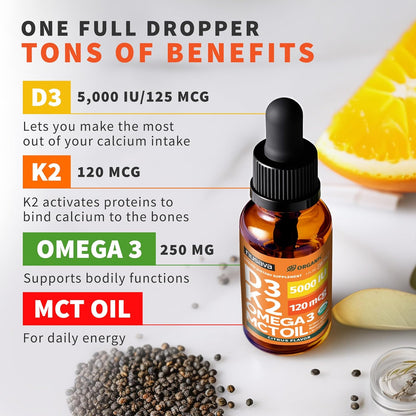 (2 Pack) Organic Vitamin D3 K2 Drops with MCT Oil & Omega 3 - Liquid Vitamin D3 5000 IU - K2 D3 Vitamin Supplement - Vitamin – Image 3