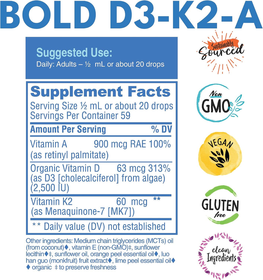 Bold Botanica Vitamina D3 K2 A Gotas Veganas - 2500 UI, 30 ml, 60 dosis