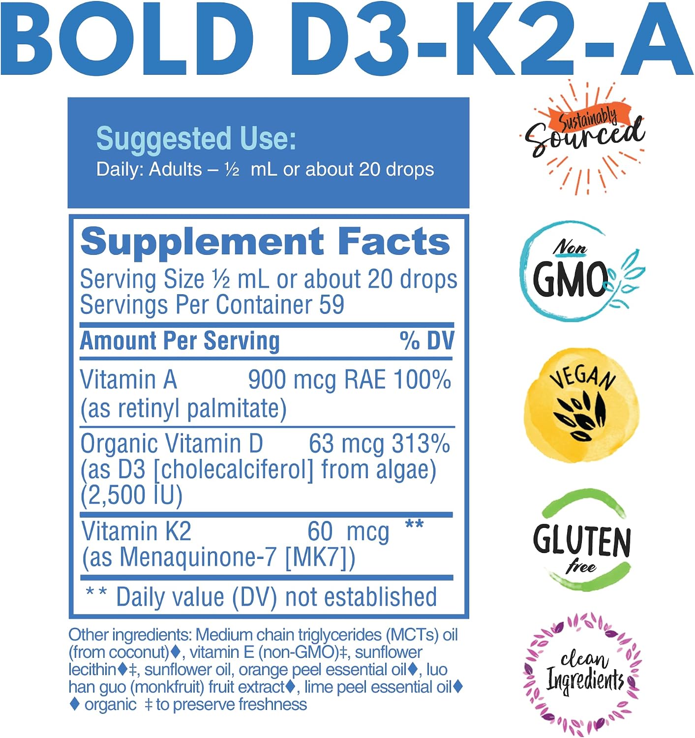Bold Botanica Vitamina D3 K2 A Gotas Veganas - 2500 UI, 30 ml, 60 dosis