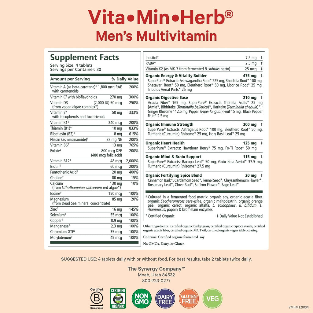 PURE SYNERGY Vita·Min·Herb for Men - Multivitamínico Completo para Hombres (120 Comprimidos)