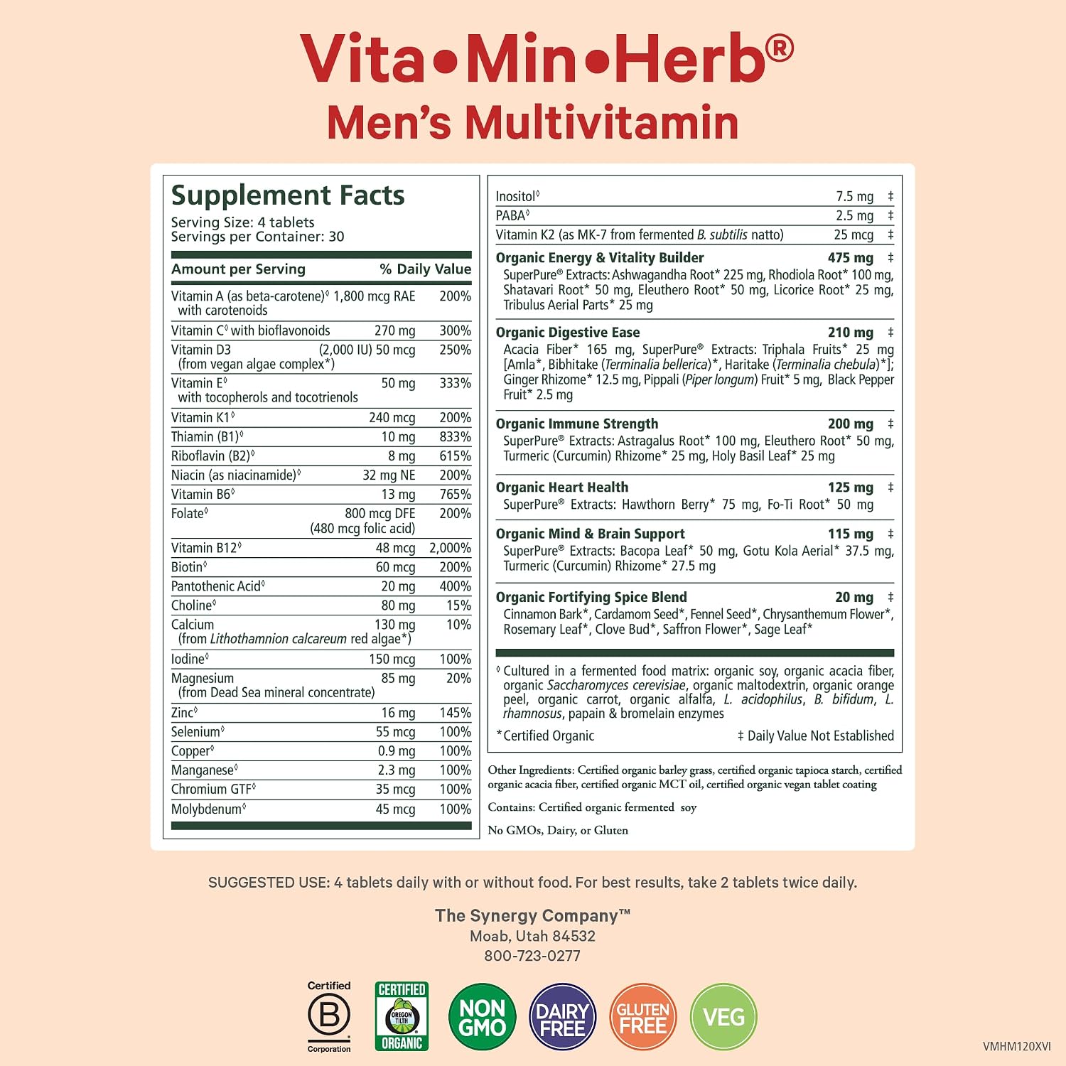 PURE SYNERGY Vita·Min·Herb for Men - Multivitamínico Completo para Hombres (120 Comprimidos)