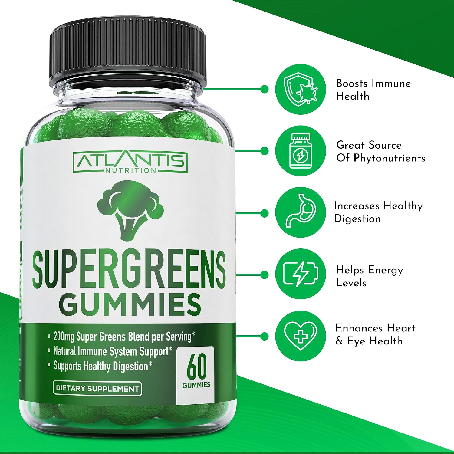 Supergreens Gummies - Complemento Diario de Superalimentos Verdes con Espinacas, Brócoli, Moringa, Remolacha, Apio, Té Verde y Acai - Sabor Frambuesa Natural, 60 Gominolas