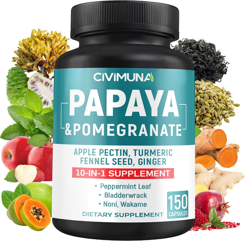 Papaya Capsules with Papaya, Pomegranate, Apple Pectin and More - 150 Capsules for 5 Months Supply
