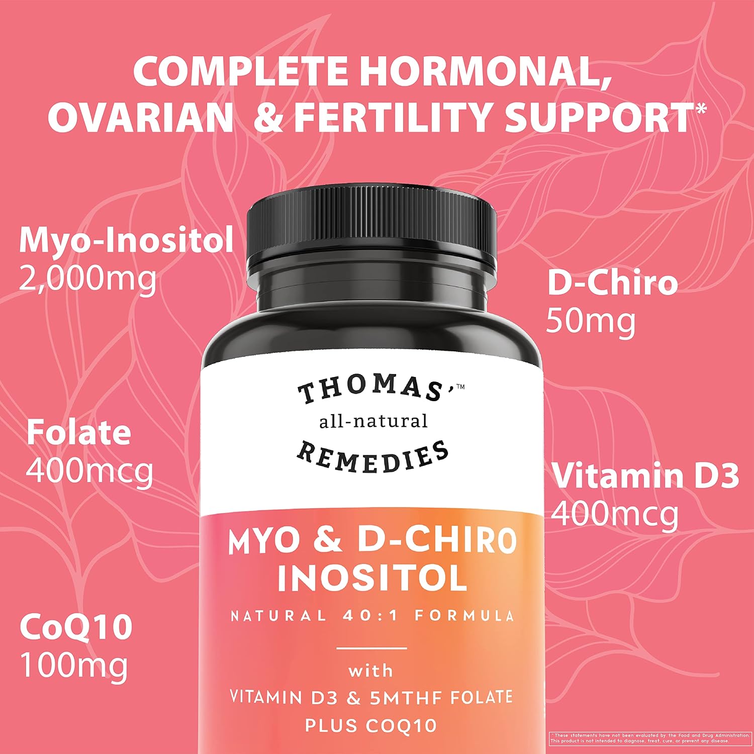 Thomas' all-natural Remedies Myo Inositol & D-Chiro Inositol 40:1 con Folato, Vitamina D3 y CoQ10 - 90 Cápsulas Veganas
