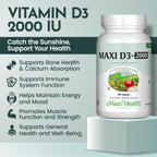 Maxi Health Vitamina D3 2000 UI Comprimidos – Apoyo Inmunitario, Salud Ósea y Función Muscular – Suplemento de Vitamina D 2000 UI para Adultos – Kosher, Fáciles de Tragar, 90 Comprimidos