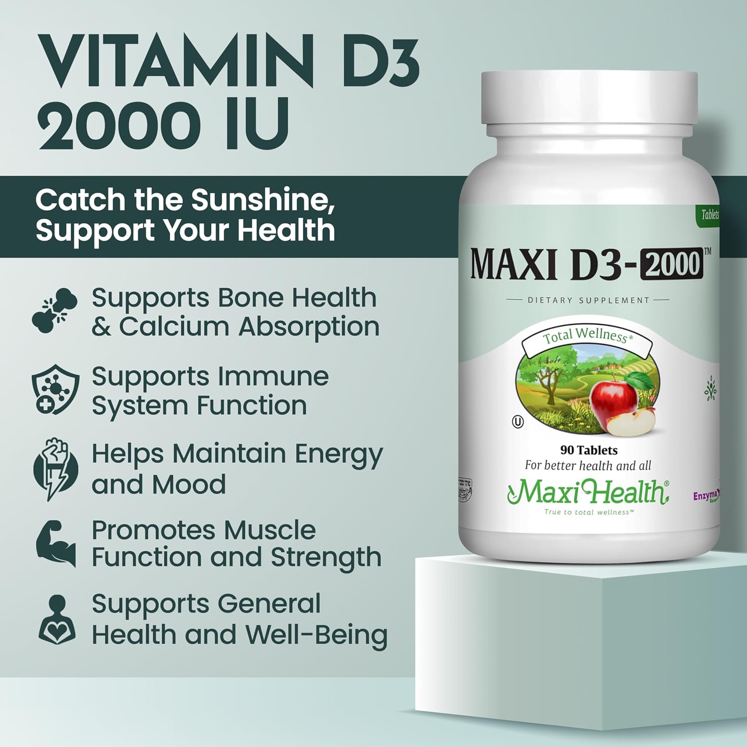 Maxi Health Vitamina D3 2000 UI Comprimidos – Apoyo Inmunitario, Salud Ósea y Función Muscular – Suplemento de Vitamina D 2000 UI para Adultos – Kosher, Fáciles de Tragar, 90 Comprimidos