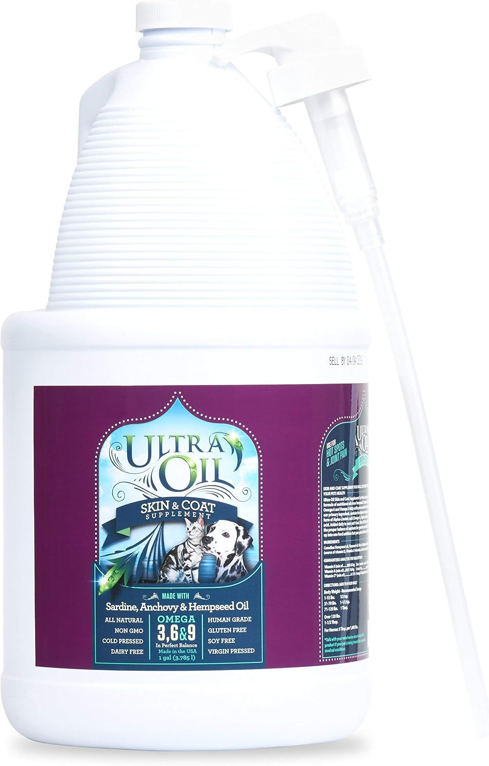Ultra Oil Suplemento para Piel y Pelaje de Perros y Gatos con Aceite de Pescado, Cáñamo, Linaza y Uva - 3.785 Litros
